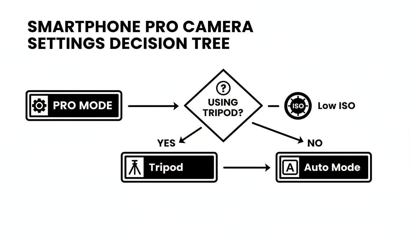 A decision tree for smartphone pro camera settings, guiding users through tripod use, low ISO, and auto mode options.