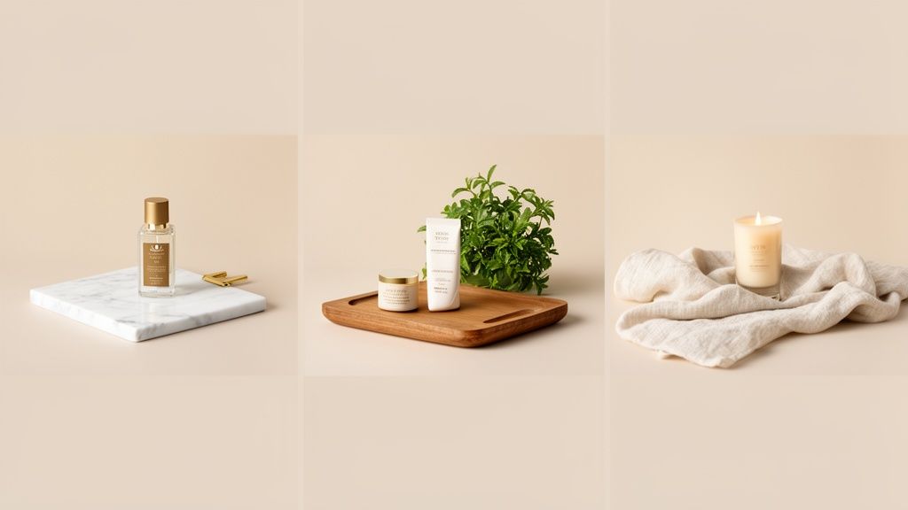 Three flatlays display wellness items: perfume on marble, lotion with plant, and a lit candle.