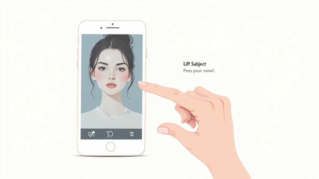 A hand touches an iPhone screen displaying an AI-generated portrait of a woman with text.