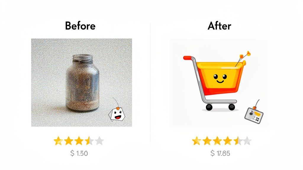 Before and after comparison showing a noisy jar with low rating versus a clean shopping cart with high rating.