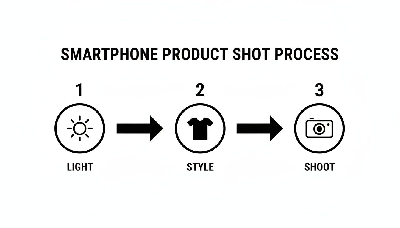 An infographic showing a three-step smartphone product shot process: light, style, and shoot, with corresponding icons.