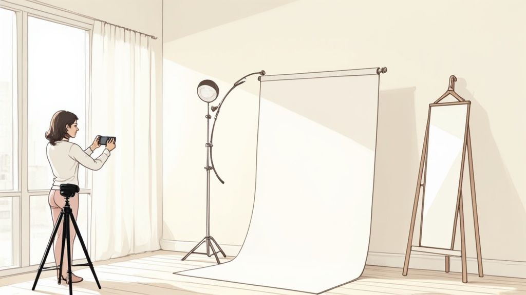 A person setting up a home photography studio with a white backdrop and professional lighting.