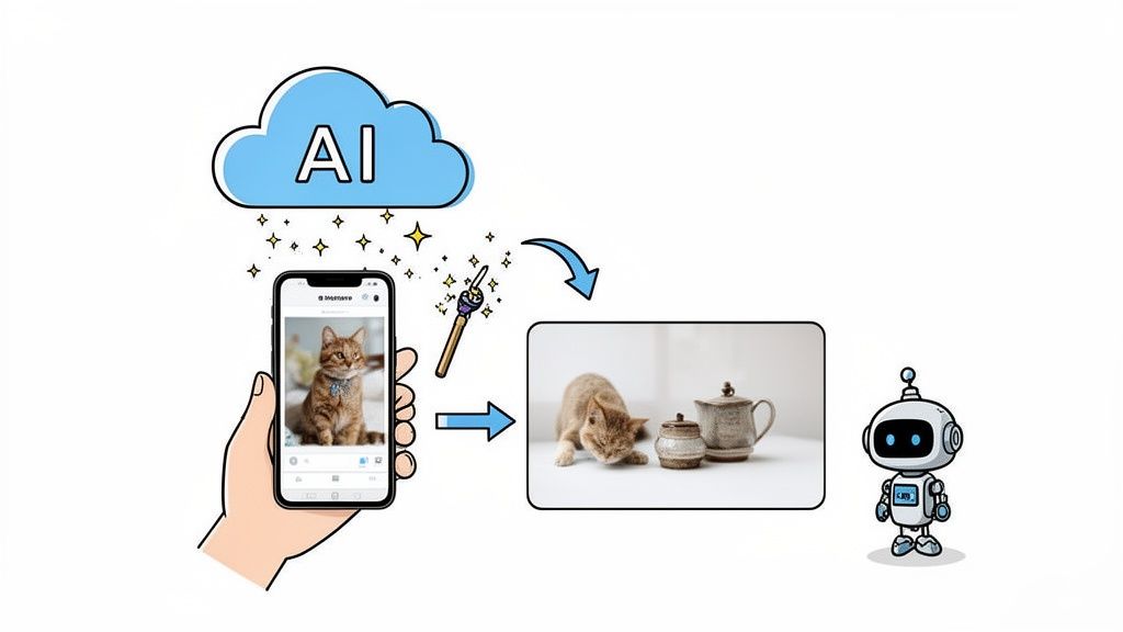 An illustration showing AI transforming a cat photo into a product shot of a kitten with teaware, processed by a robot.