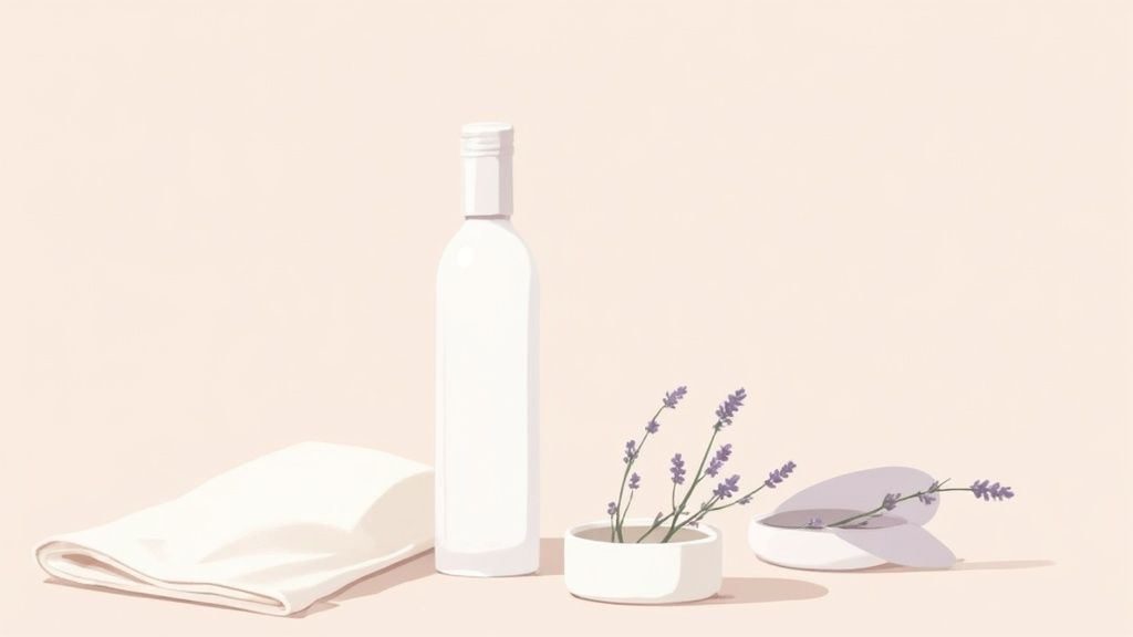 Minimalist spa product styling with white frosted bottle, lavender flowers, and folded towel