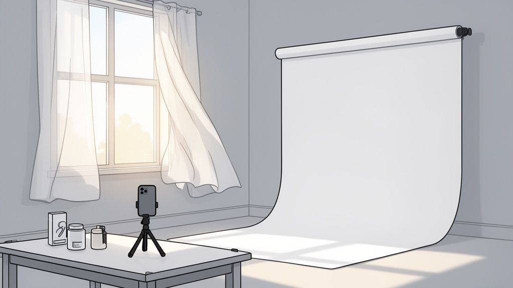 A home studio setup for product photography featuring a white backdrop, table with products, and smartphone on a tripod.