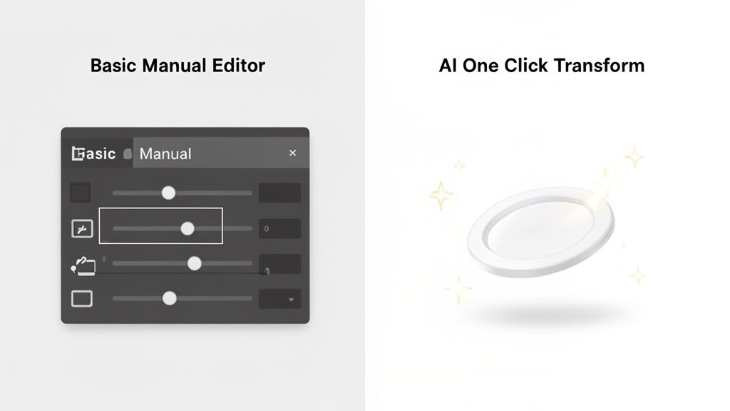 Side-by-side comparison of a manual editor interface and an AI one-click transform with a sparkling disk.