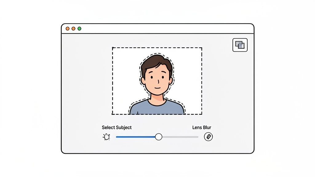 A computer screen interface showing photo editing options to select a subject and apply lens blur to a cartoon portrait.