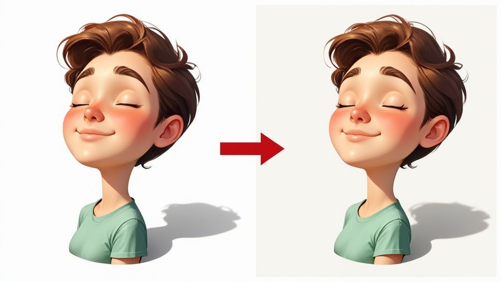 Cartoon character illustration showing background color transformation from white to beige tone