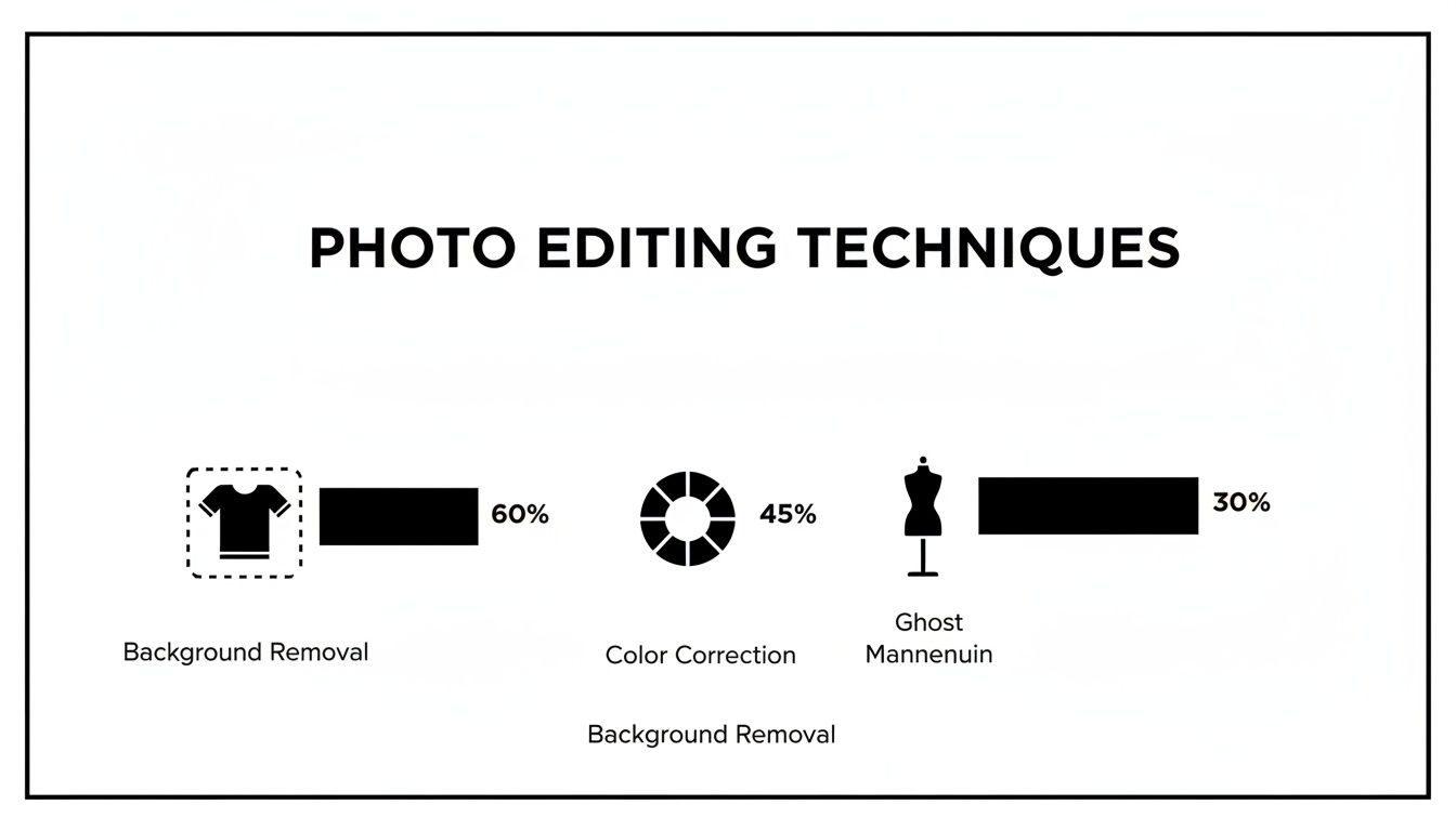 Infographic showing photo editing techniques: background removal (60%), color correction (45%), and ghost mannequin (30%).