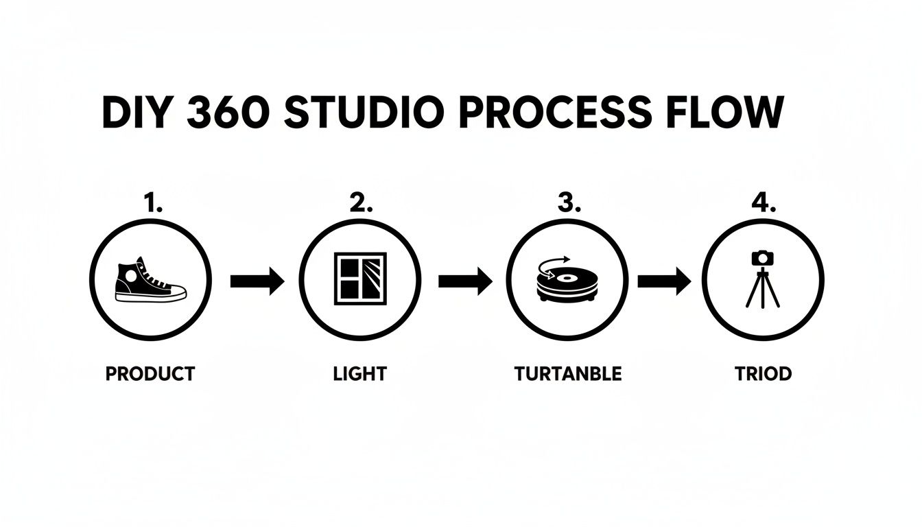 A DIY 360 photo studio setup process flow diagram with steps for product, lighting, turntable, and camera tripod.