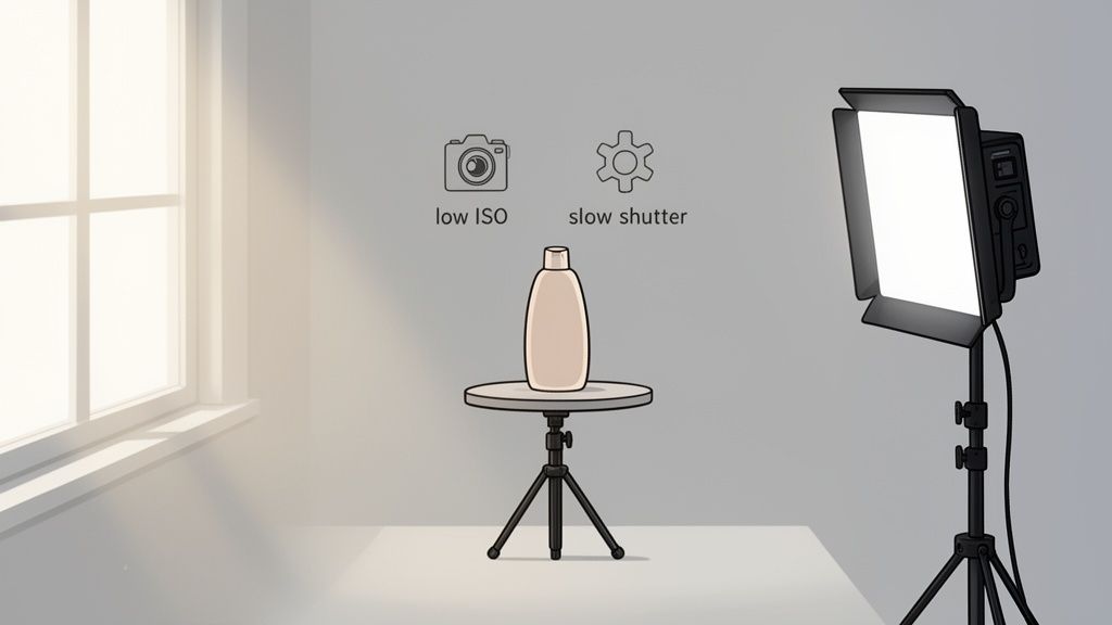 Product photography setup with window light, studio light, a bottle, and camera settings: low ISO, slow shutter.