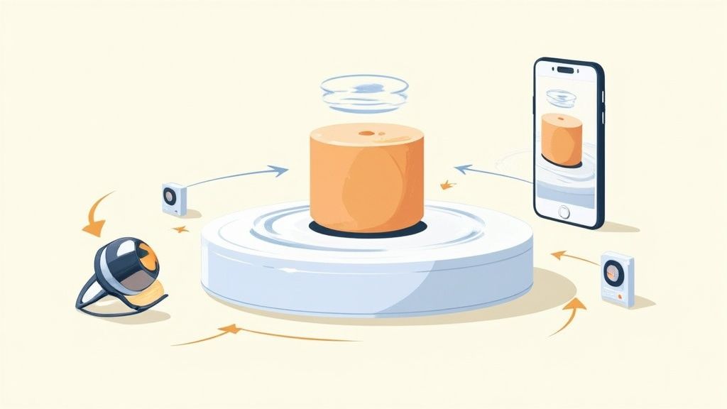 A 3D product scanning setup with a cylindrical object, smartphone, and various sensors rotating.