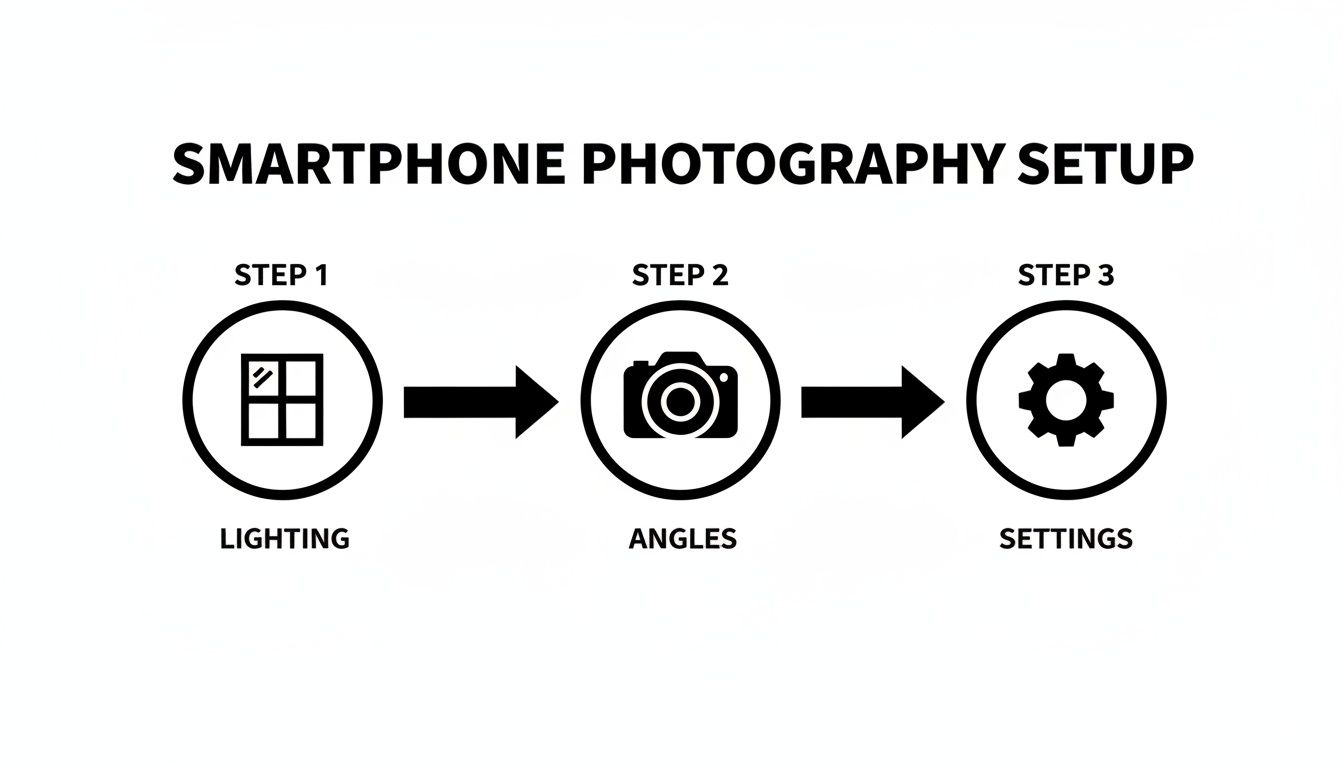 A smartphone photography setup guide with three steps: lighting, angles, and settings.