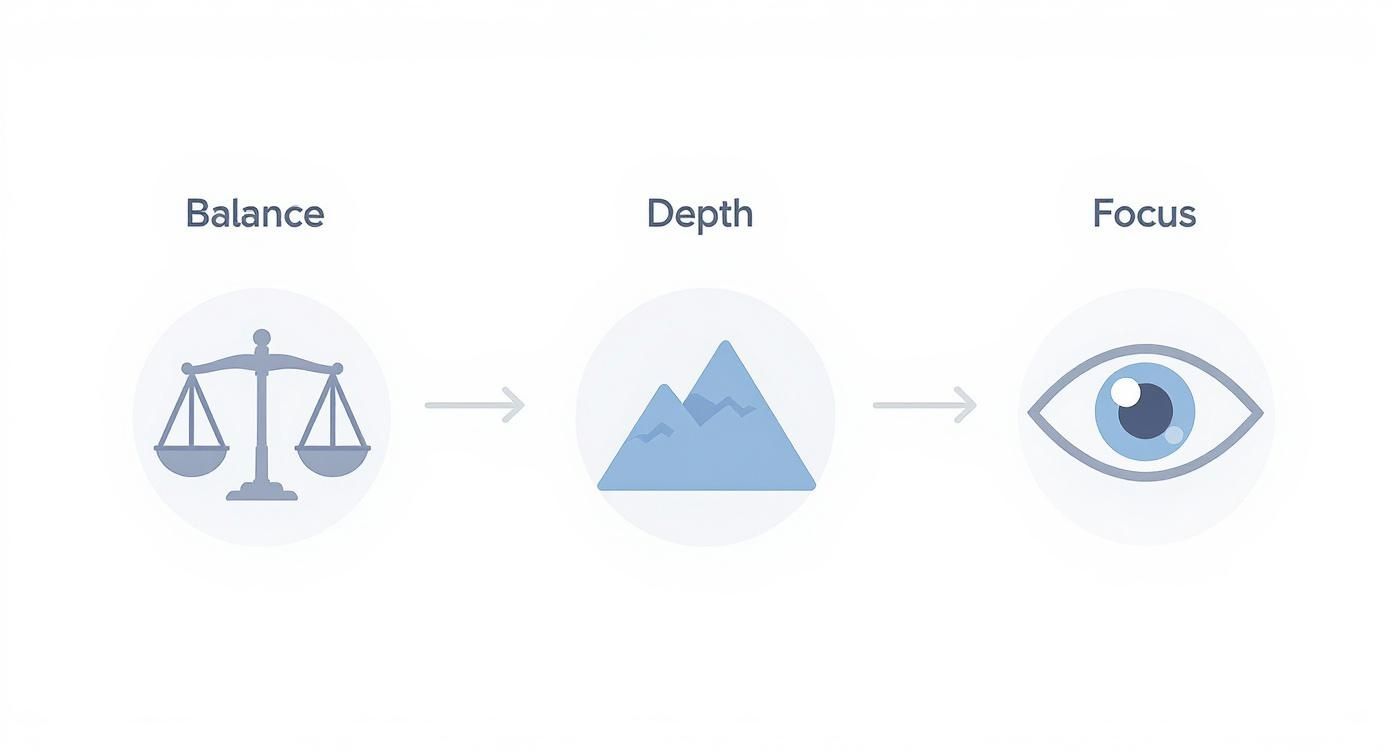 Three-step visual progression showing balance scales, mountain representing depth, and eye symbolizing focus