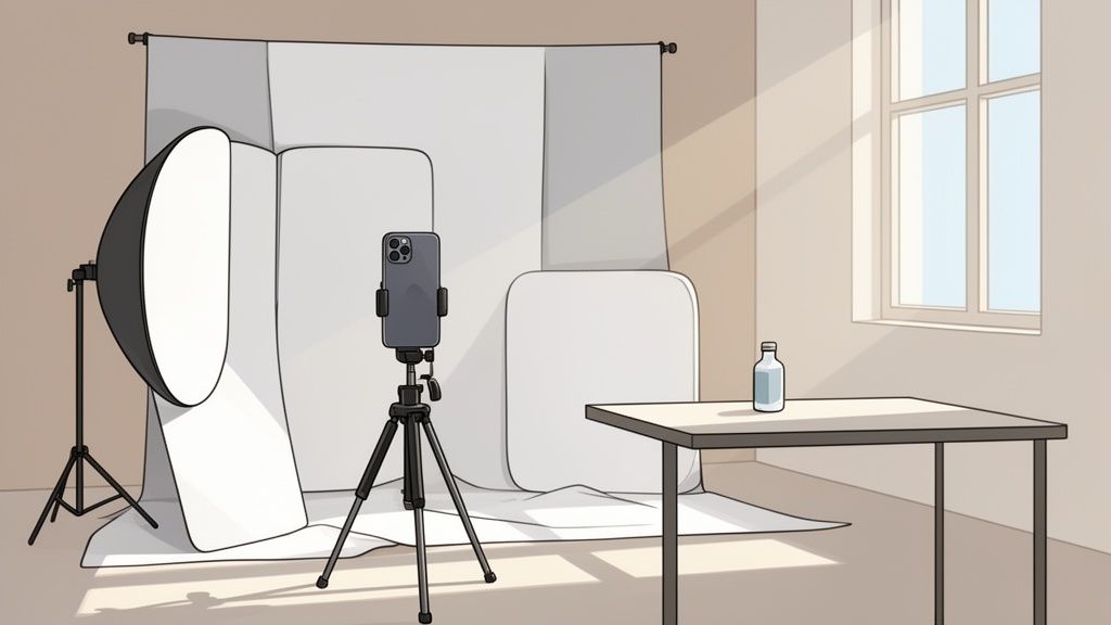 A professional product photography setup with a smartphone, softbox, white backdrop, and a bottle.