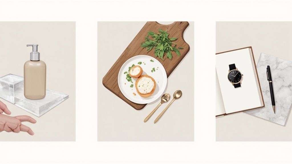 Professional flat lay product photography featuring soap dispenser, food styling, and minimal desk accessories