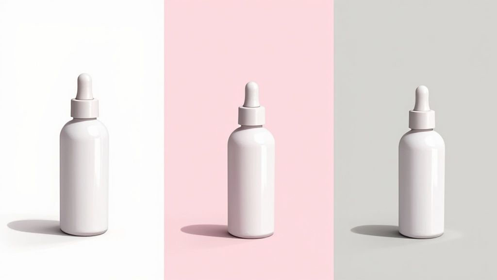A collection of high-end beauty products arranged artfully on a marble surface.