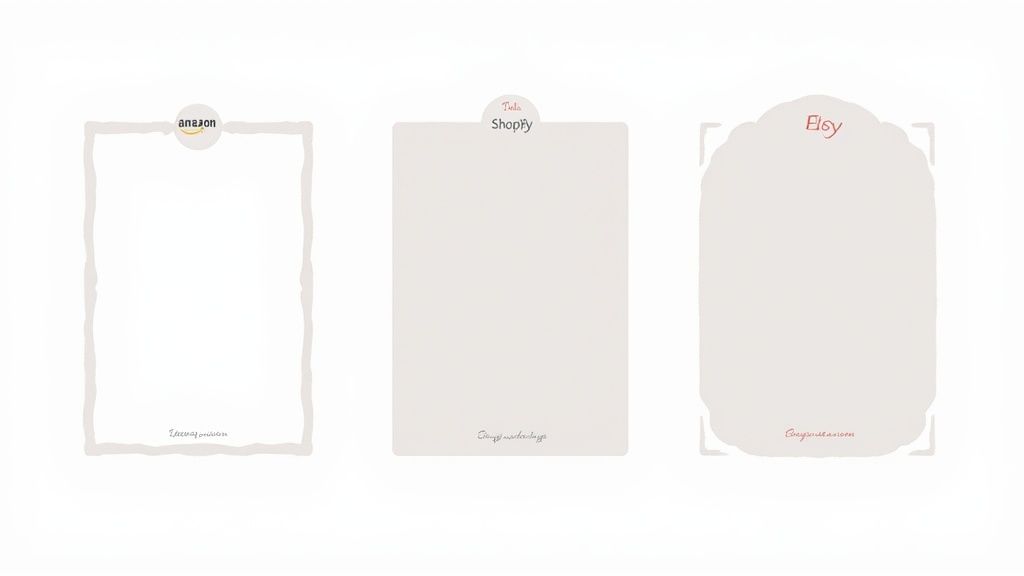 Three stylized cards featuring Amazon, Shopify, and Etsy logos, representing e-commerce solutions.