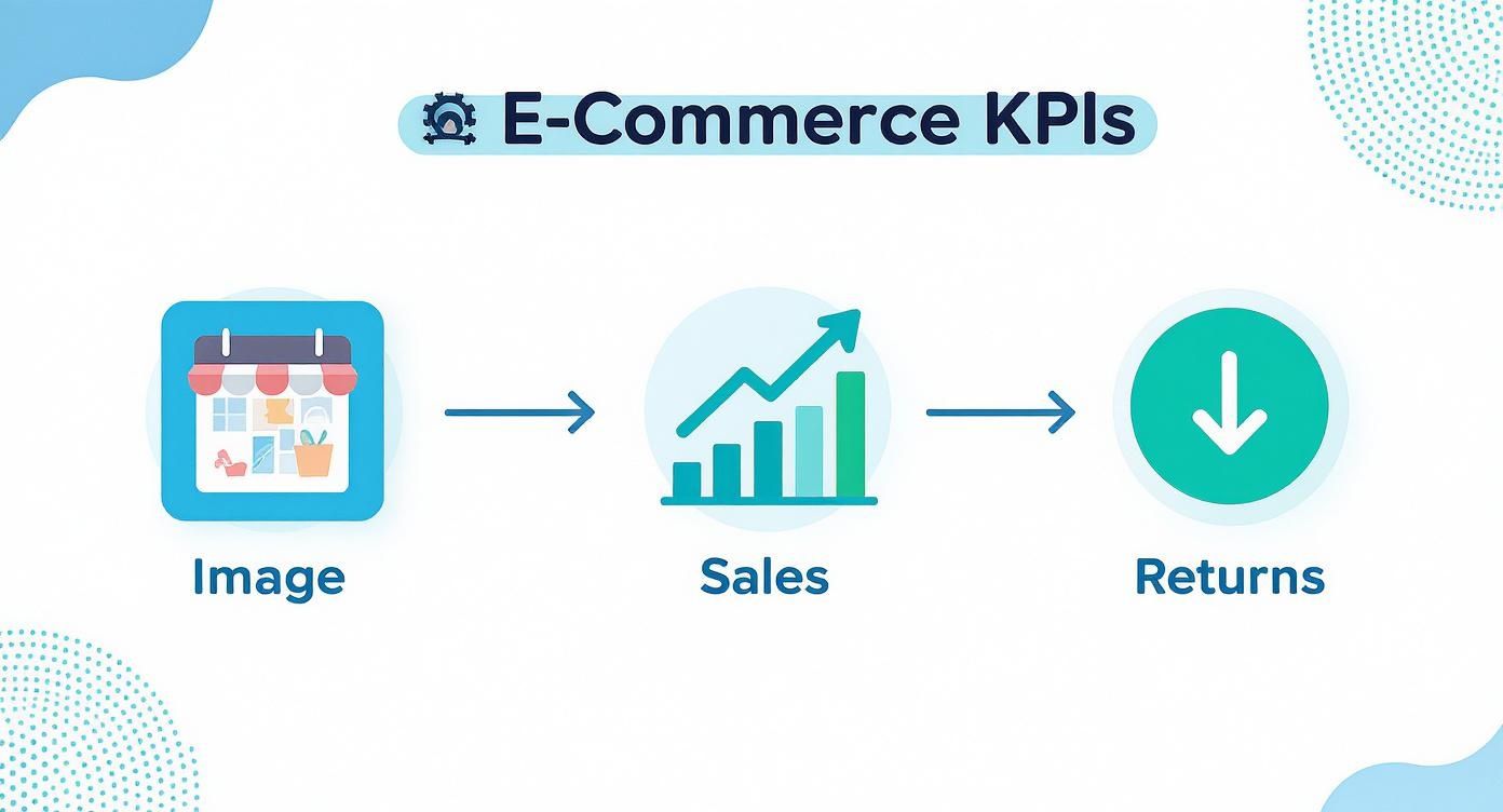 An E-Commerce KPIs infographic showing the flow from product image to sales and returns.