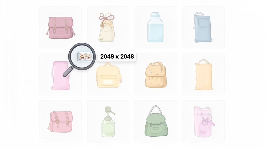 A grid of various light-colored product icons like bags and bottles, with a magnifying glass showing '2048 x 2048' over one item.