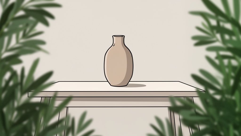 An illustrated light brown vase with black outlines on a table, framed by blurred green leaves.