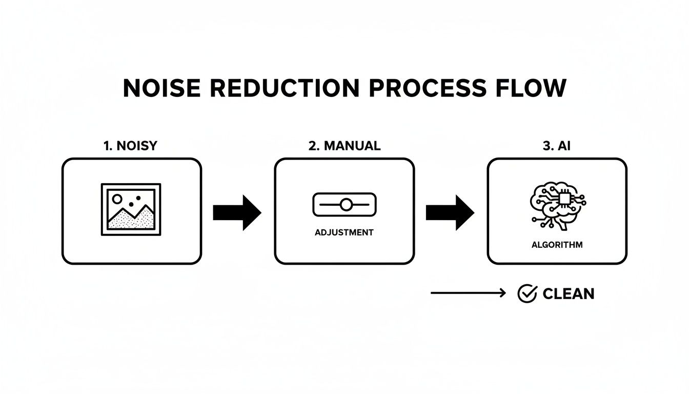 Flowchart illustrating the noise reduction process from a noisy image through manual adjustment and AI to a clean result.