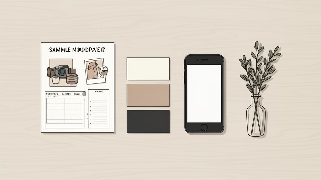 A minimalist flat lay featuring a notebook, color swatches, smartphone, and a vase with leaves.