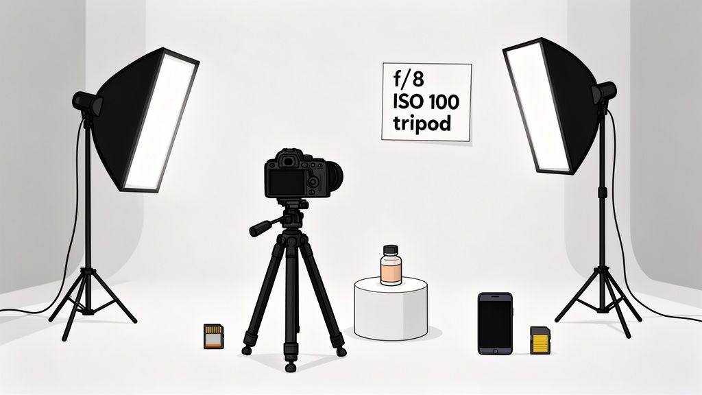 A product photography studio setup with a DSLR camera on a tripod, two softboxes, and a product.