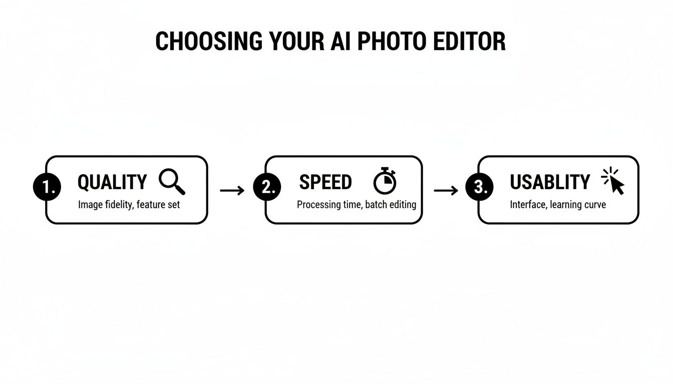 Flowchart detailing the steps for choosing an AI photo editor, focusing on quality, speed, and usability.