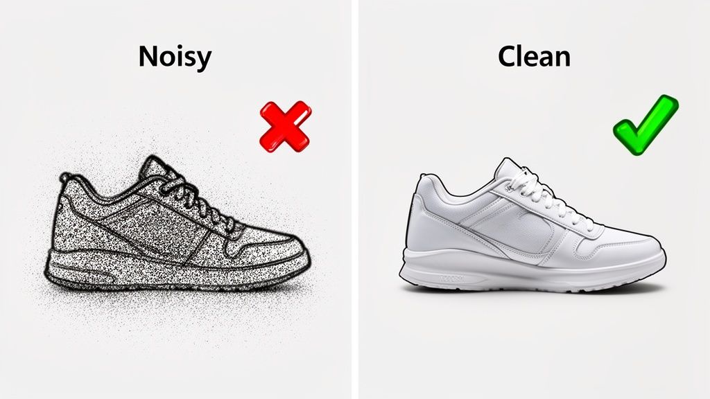 Comparison of a noisy, grainy shoe illustration (red X) and a clean, pristine white sneaker (green check).