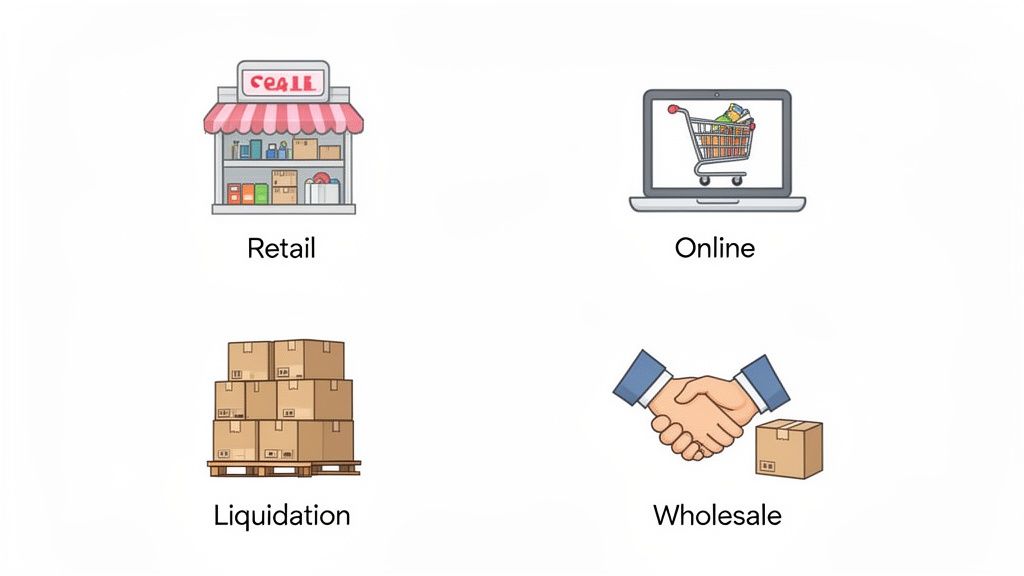 Four distinct business models: retail store, online shopping on a laptop, liquidation boxes, and wholesale handshake.