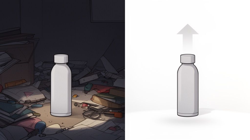 A white product bottle is shown on a dark, cluttered desk and then against a clean white background with an upward arrow.