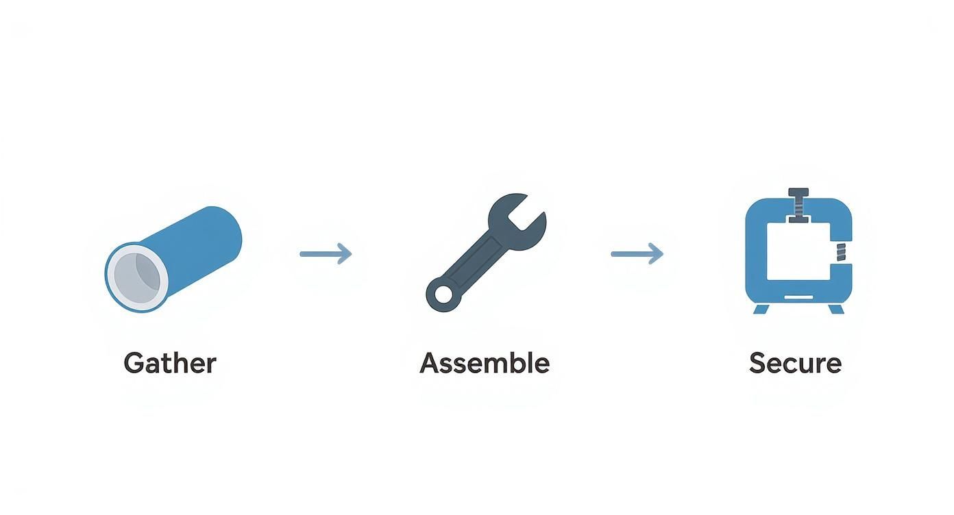 Process diagram: gather a pipe icon, assemble using a wrench icon, and secure with a clamp tool icon.