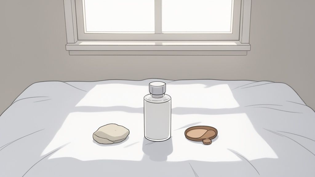 Minimalist flat lay of a white bottle, beige dough, and small brown dish on a white sheet.