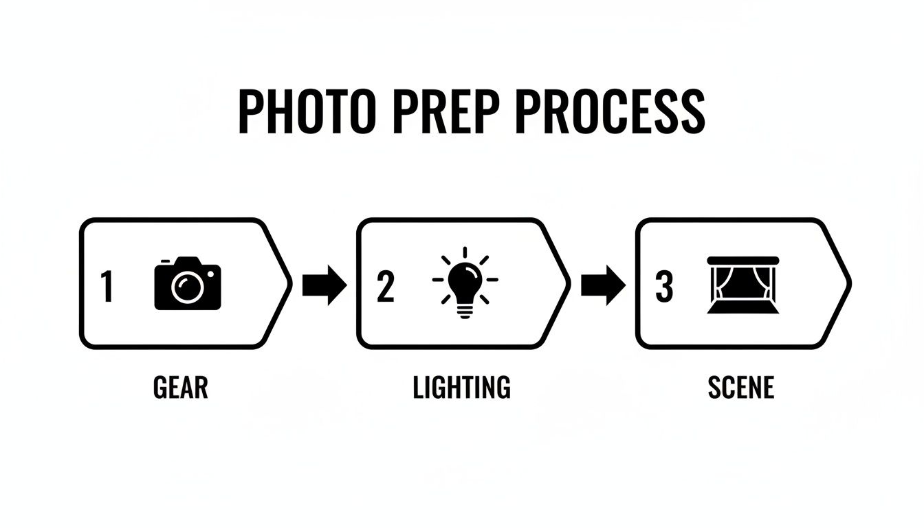 A three-step infographic outlining the photo preparation process: gear, lighting, and scene.