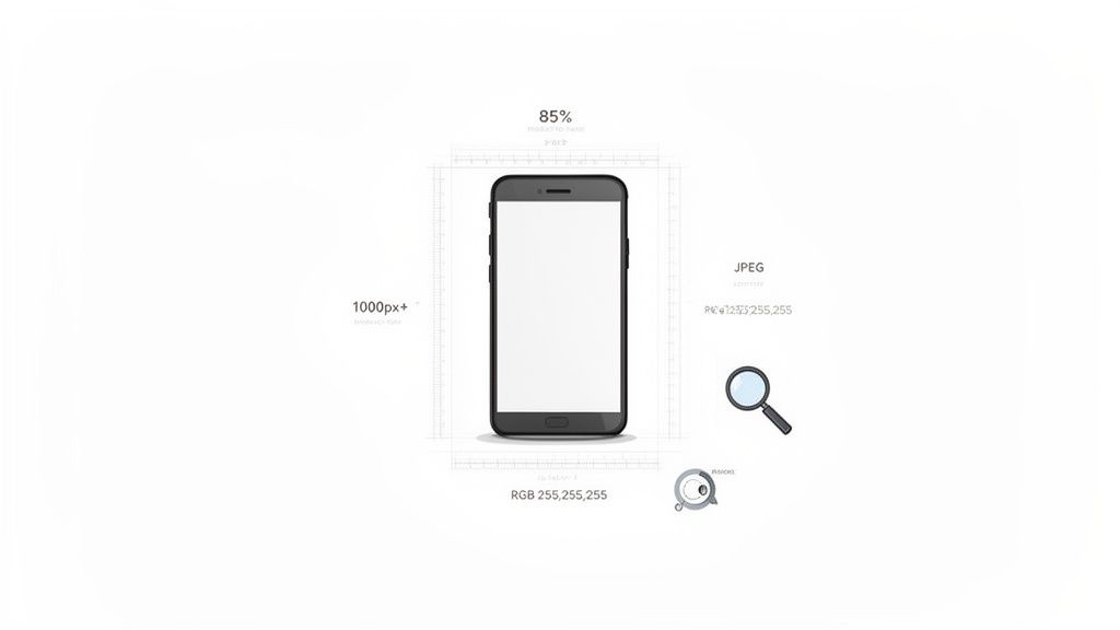 Illustration detailing e-commerce image requirements, showing a smartphone, pixel size, format, and color.