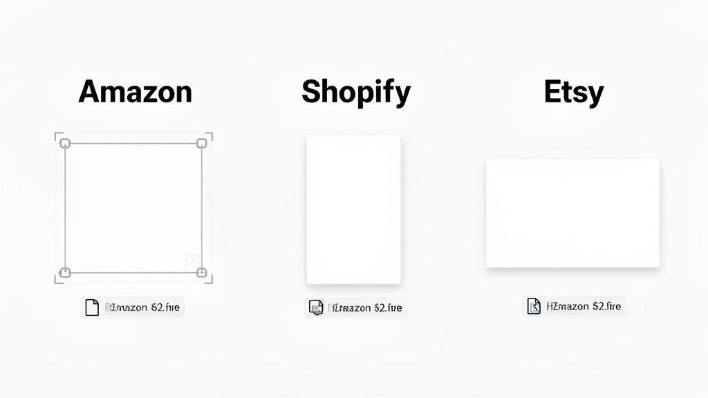 Comparison of product image aspect ratios for Amazon, Shopify, and Etsy e-commerce platforms.