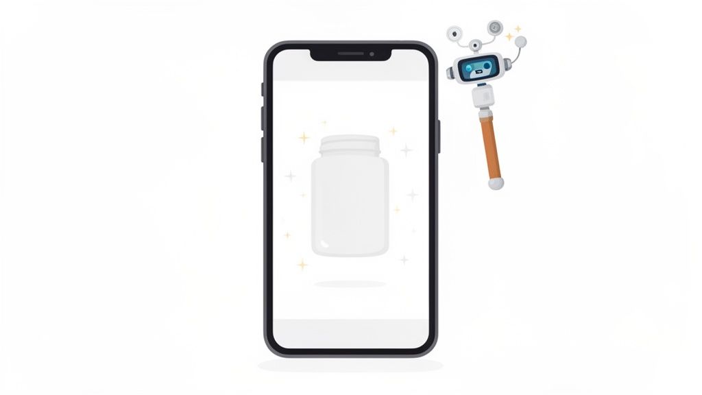 A friendly robot holding a camera pole next to a smartphone displaying a white pill bottle.