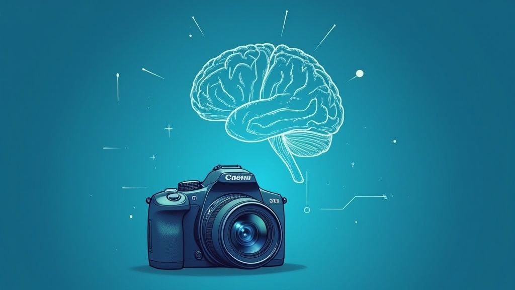 A photographer editing a photo on a large screen with AI assistance