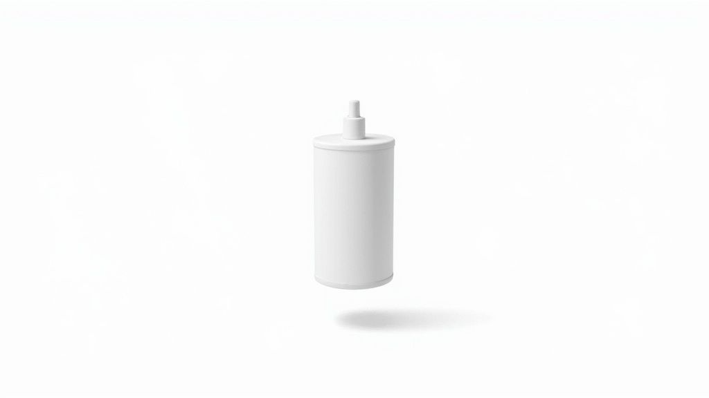A minimalist white cylindrical object with a small top part, floating against a clean white background.