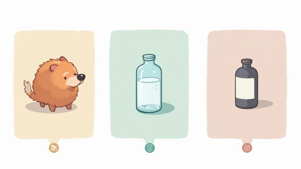 Three illustrated cards showing a fluffy dog, glass bottle, and dark medicine bottle on colored backgrounds