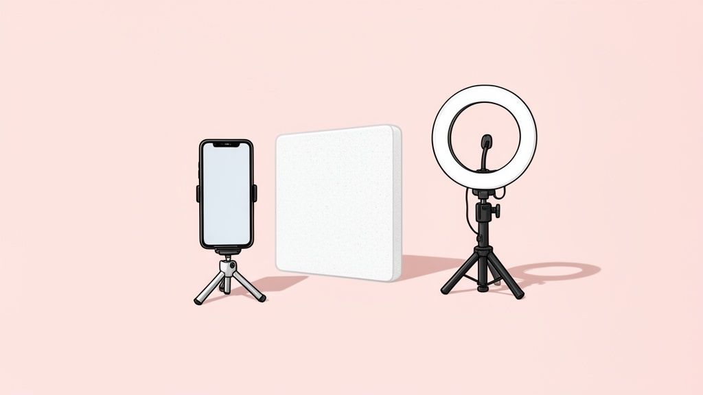 Smartphone on a tripod, a white reflector, and a ring light setup on a pink background.
