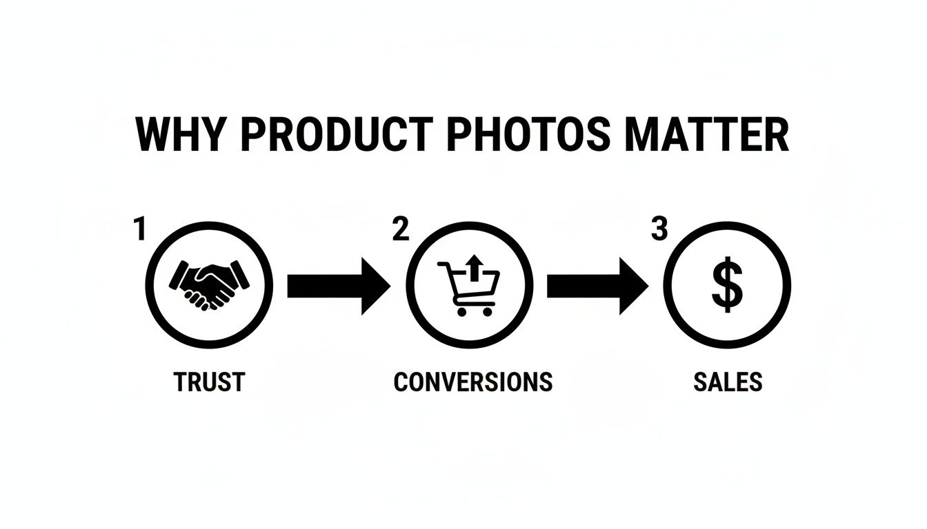 Flowchart illustrating how good product photos build trust, lead to conversions, and ultimately drive sales.