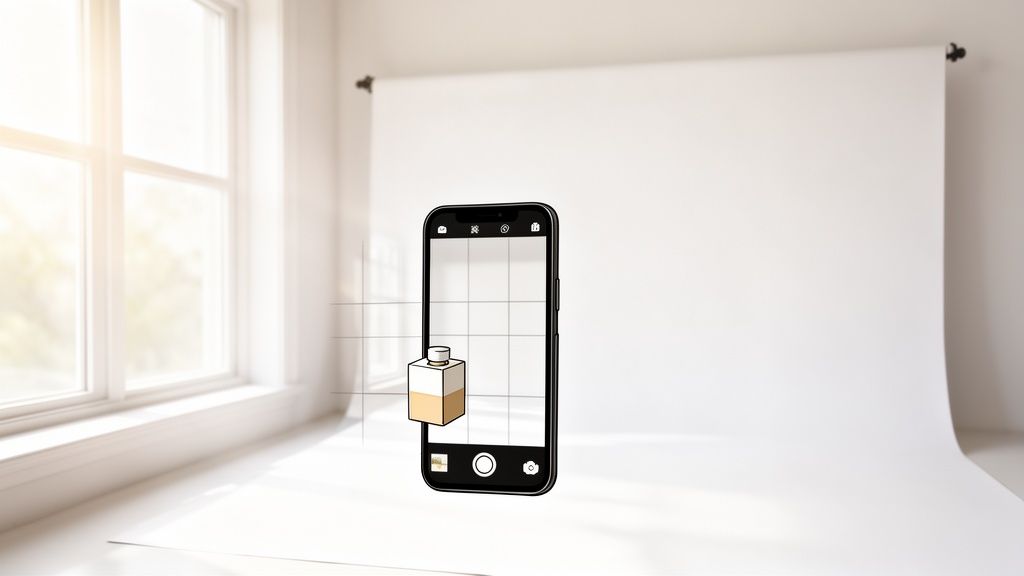 A smartphone screen displaying an augmented reality view of a product bottle in a studio setting.