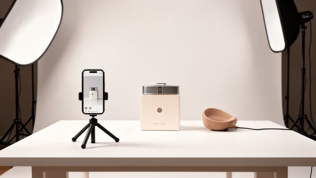 A smartphone on a tripod photographing a perfume bottle on a table with studio lights.