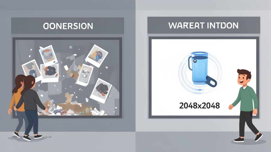 Illustration contrasting a messy collection of photos with a clean, optimized digital image display.