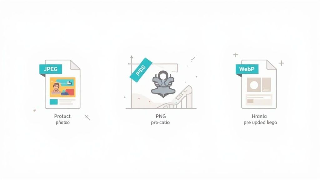 Document icons display JPEG, PNG, and WebP image formats, illustrating different options for web optimization.