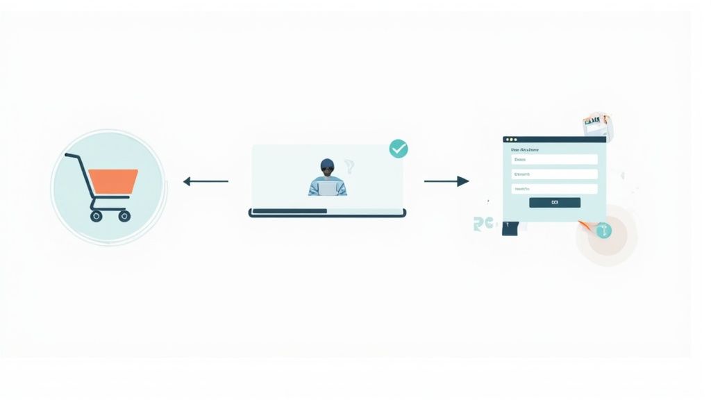 Illustration showing the steps of an e-commerce conversion, from shopping cart to user checkout and form submission.