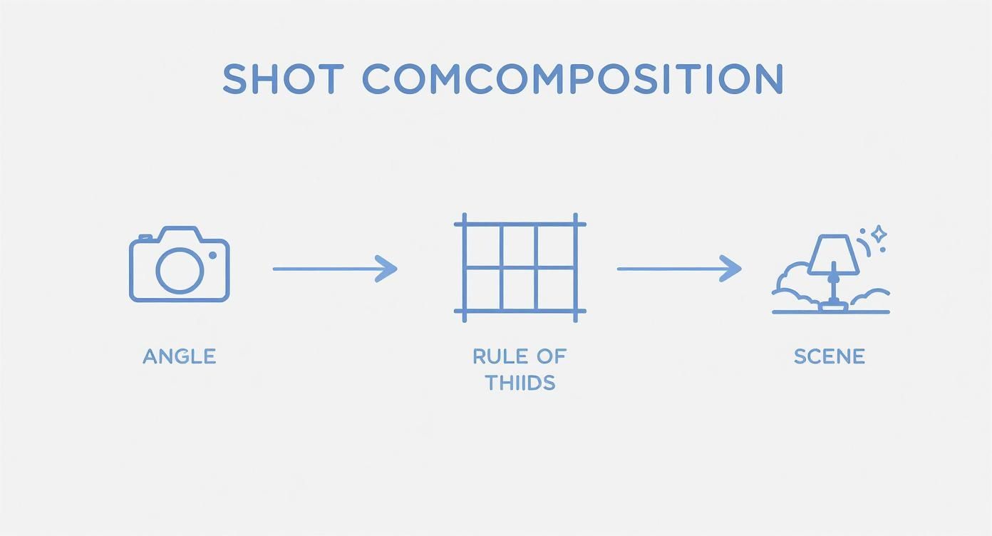 A diagram illustrates shot composition, showing angle, the rule of thirds grid, and the final scene.