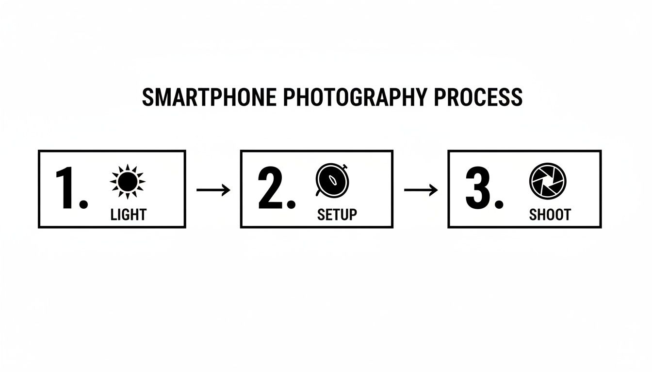 Diagram showing the smartphone photography process: 1. Light, 2. Setup, 3. Shoot with icons.